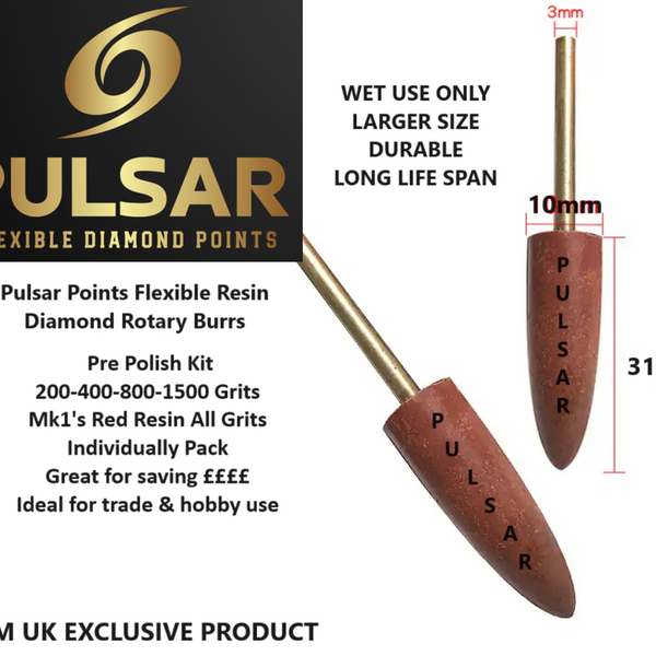 PULSAR™ DIAMOND RESIN POINTS LAPIDARY BURRS FOR DREMEL & ROTARY TOOLS 3MM SHAFT PRE POLISH SET 200-400-800-1500 GRITS nova