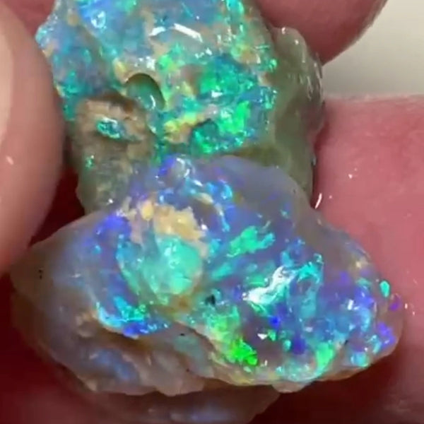 Coocoran Dark Crystal Knobby opal rough pair to cut 23.95cts Gorgeous Bright Green/blue dominant fires to cut 23x16x7mm & 18x14x8mm NEW954