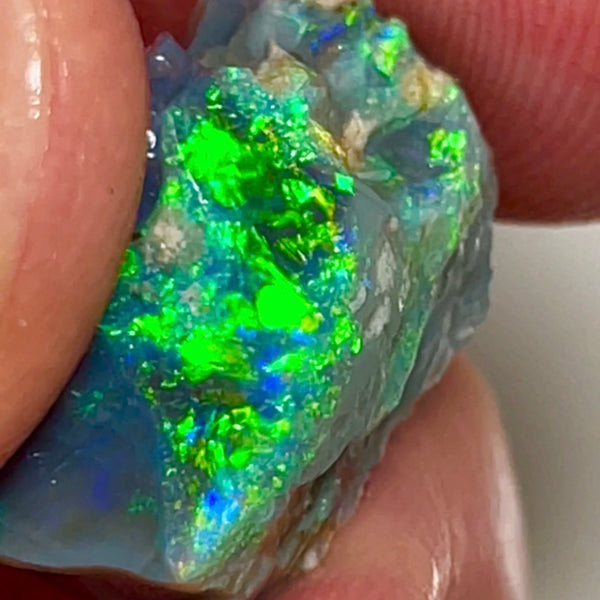 Gem Cutters Black seam opal rough Lightning Ridge 15.95cts Gorgeous Bright Multicolours showing potential Chinese writing /script pattern to cut 20.00x 14.00x 10.00mm NEW961