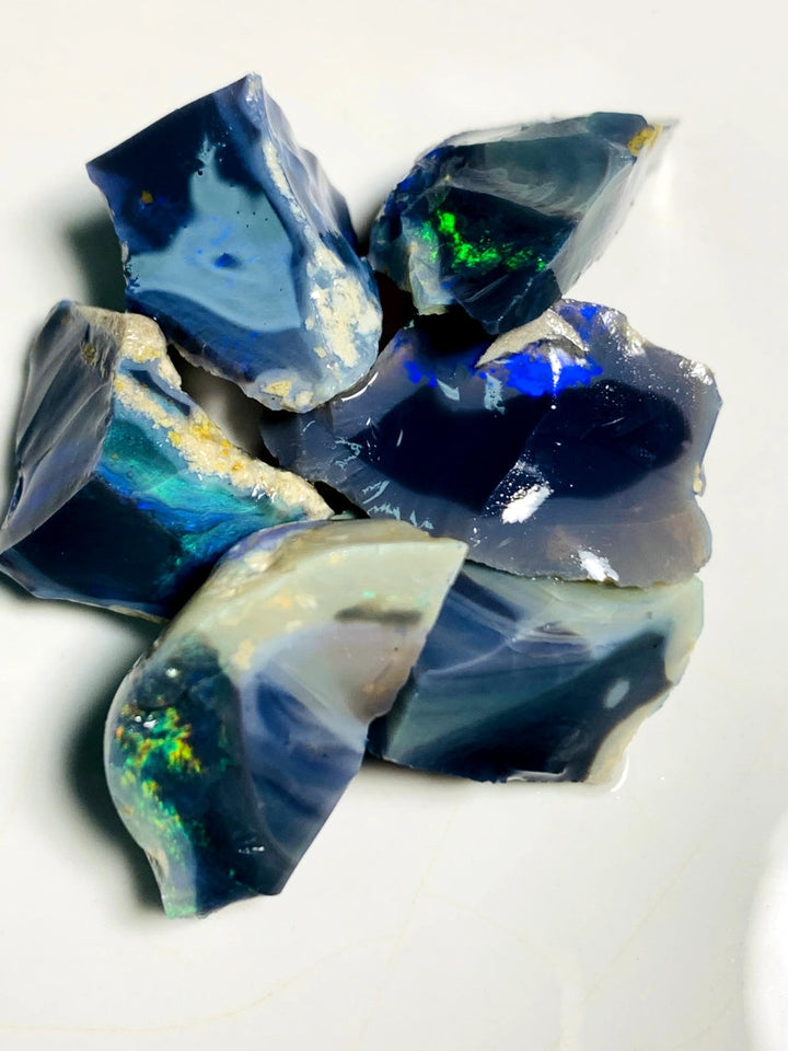 Lightning Ridge Rough Black & Dark Seam Opal Chunks Parcel 75cts Lots of Potential & Cutters Lots Bright colours & bars 17x15x10mm to 15x10x8mm WAB19