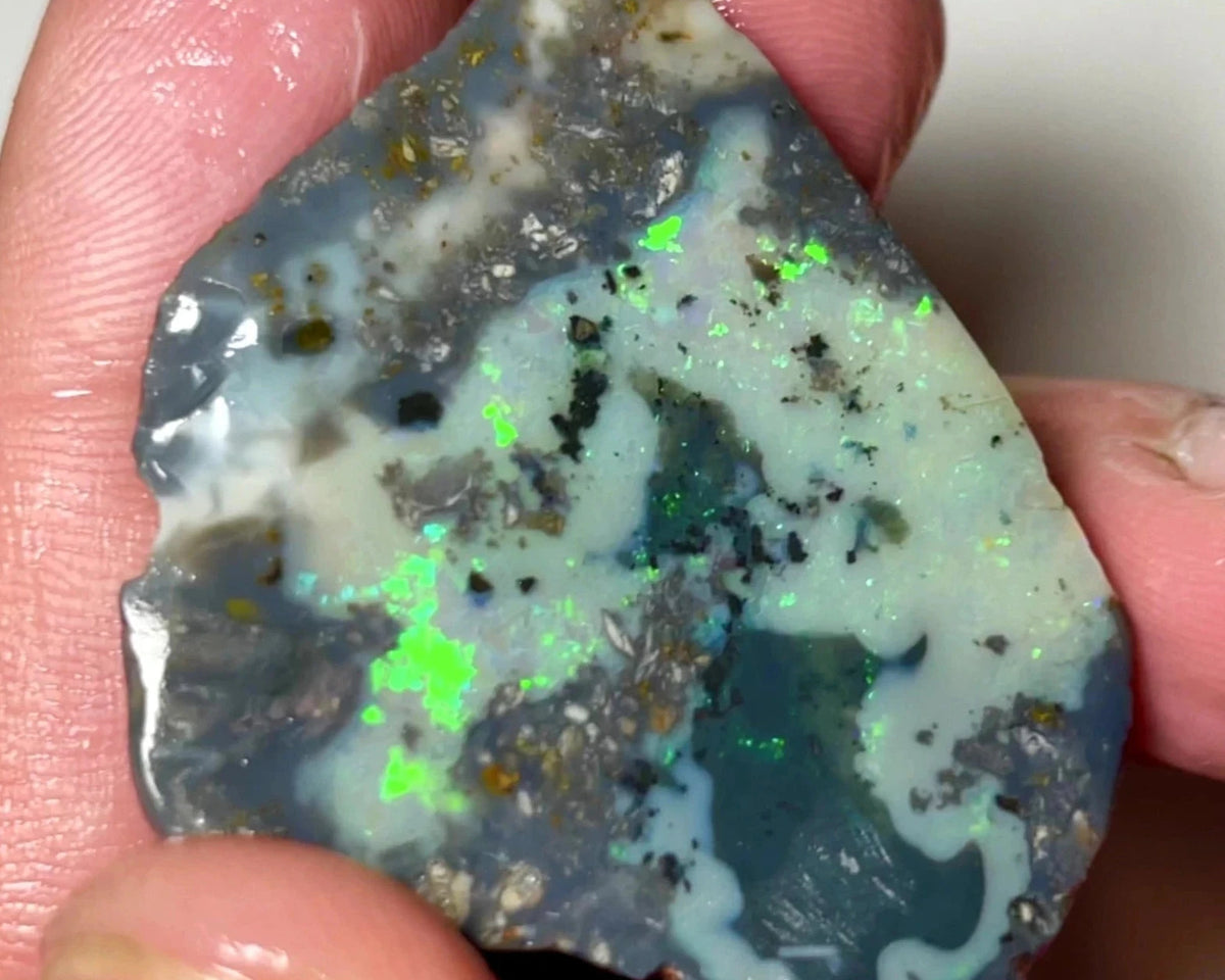 Lightning Ridge Opal Rough n Rub Dark base Monster Seam 110cts Bright Green Dominant Multifires 45x40x10mm 1006