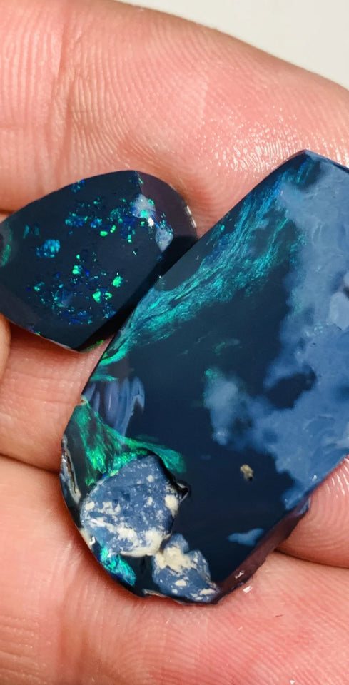 Lightning Ridge N1-N2 Mulga® Black Opal Miners Bench® Rough Rubs Pair 28cts  Bright gorgeous Fires 35x20x3mm & 17x11x6mm WSX80