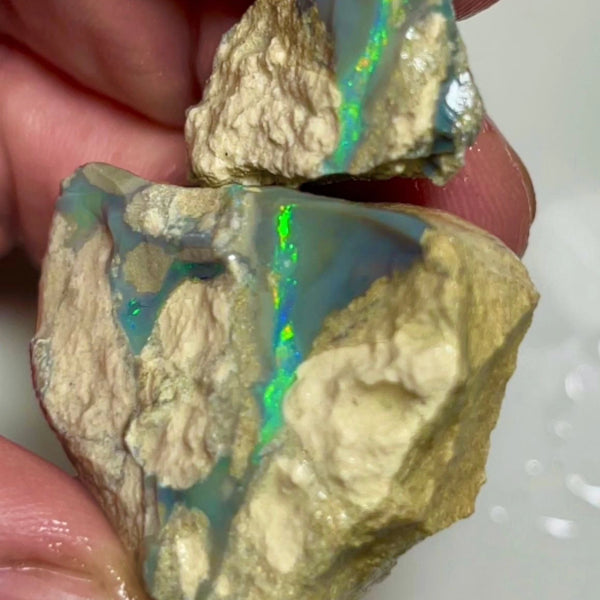 Bling Huge Grawin Dark base Multicolour Seam opal formation split pair 120.00cts Exotic Bright Vibrant Green dominant M.fires Sand/clay host rock Own a piece of Grawin 35x30x17 & 25x17x9 mm NSW040