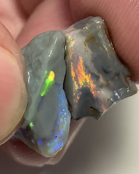 Lightning Ridge Rough Opal 14cts Pair Handpicked Select Semi Black Seams lots of Nice Bright Multi colour fires to Cut / carve & Polish WSB640