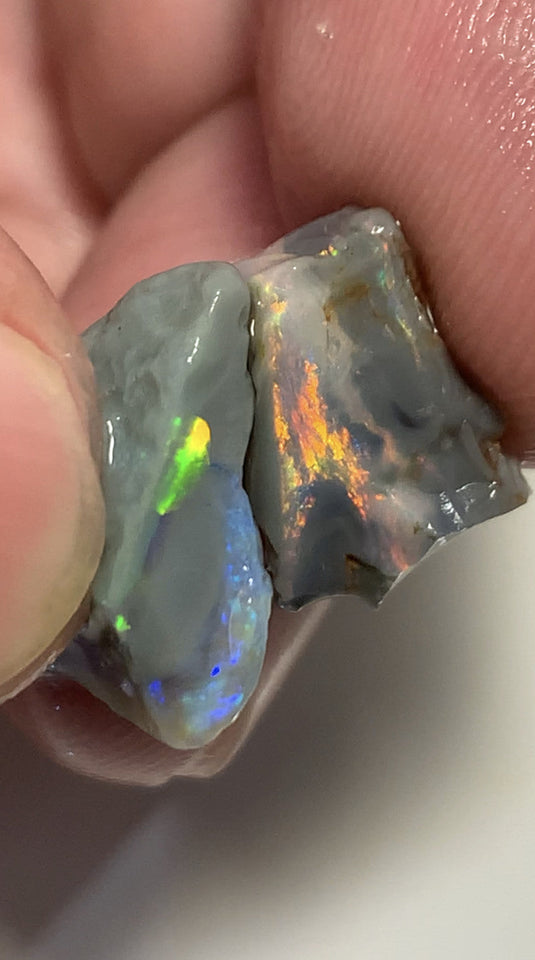 Lightning Ridge Rough Opal 14cts Pair Handpicked Select Semi Black Seams lots of Nice Bright Multi colour fires to Cut / carve & Polish WSB640