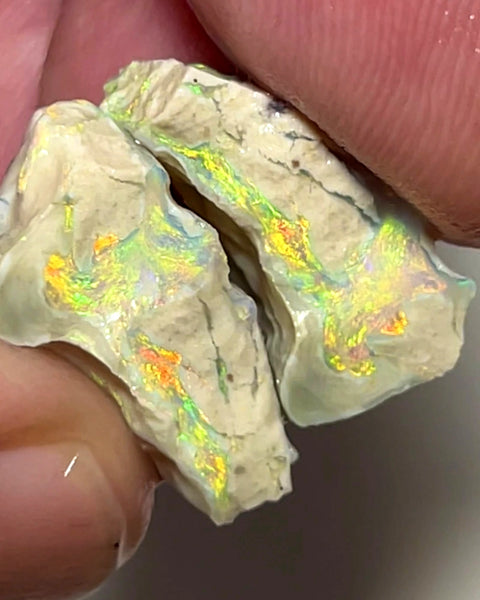 Lightning Ridge Rough Opal Dark Base Knobby Formation Split Pair 17.5cts Yellow/Orange Dominant Multifires 20x14x8mm & 17x10x7mm WAC05