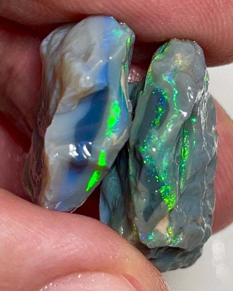 Lightning Ridge Multicolour Black/Dark Knobby pair 32.25cts Highly Visible bars Bright Yellow/Green Dominant M.Fires to cut 24x17x10 & 23x18x6mm NEW966