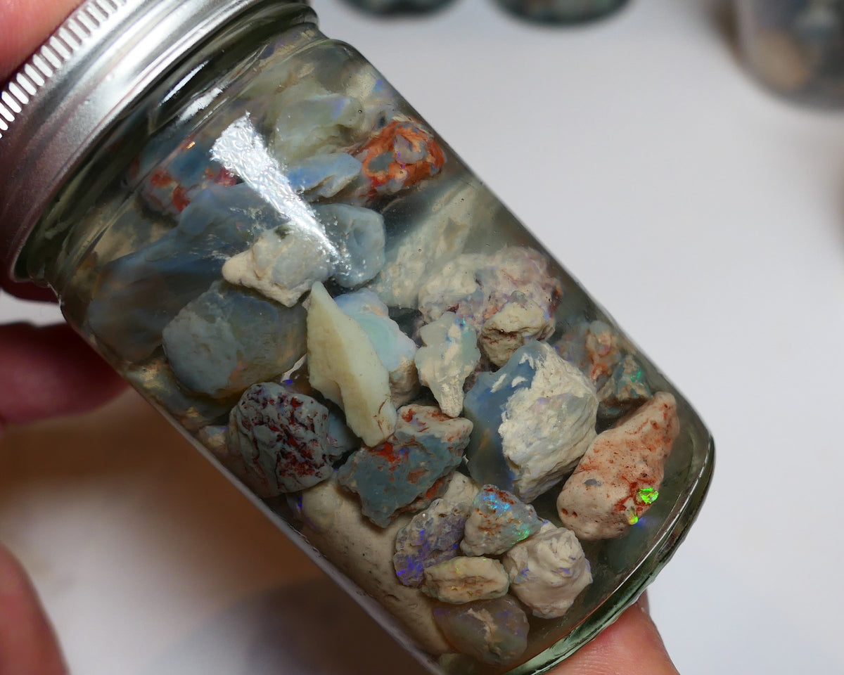 Lightning Ridge Rough Opal Parcel 425cts GAMBLE rough lots colours 25mm to chip size jar2425