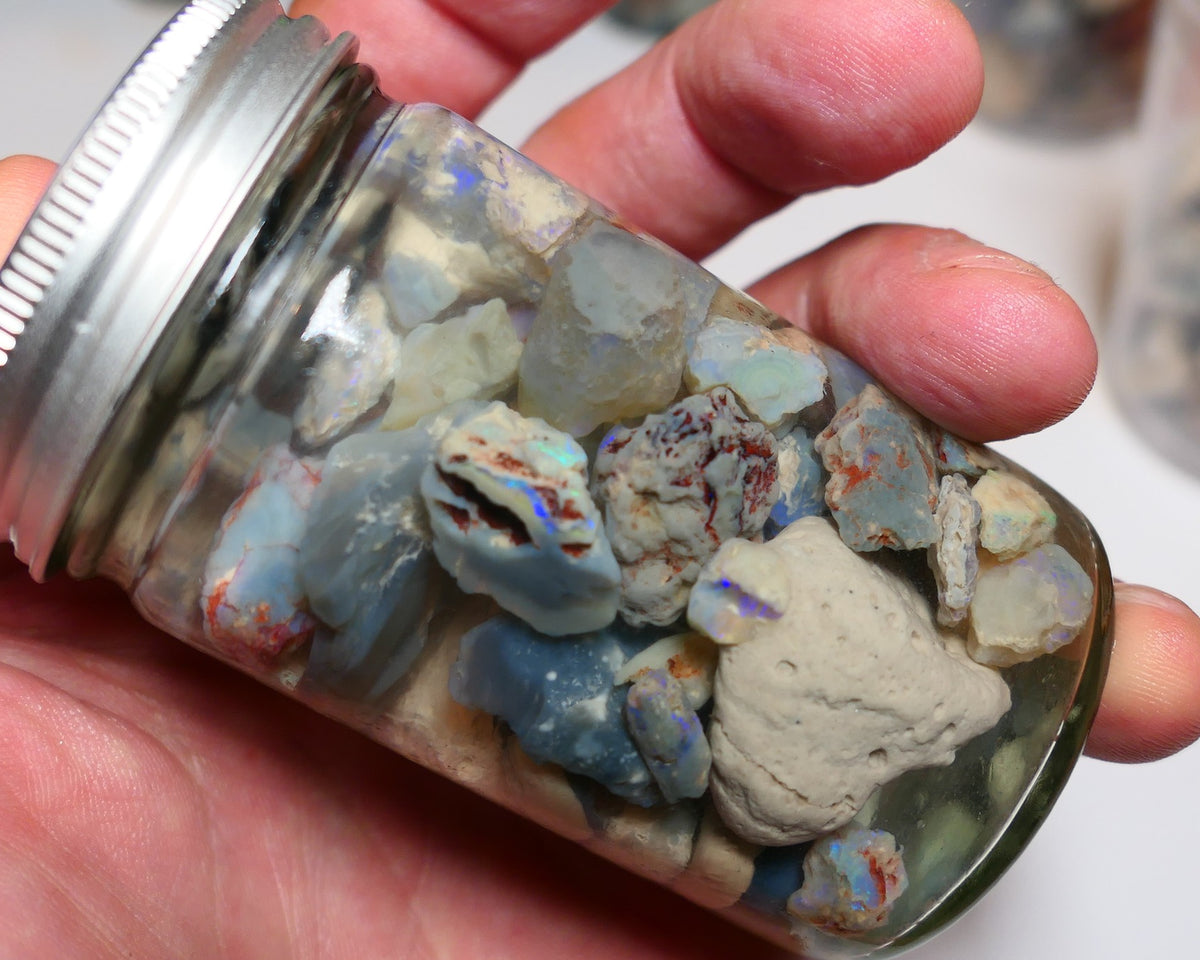 Lightning Ridge Rough Opal Parcel 425cts GAMBLE rough lots colours 25mm to chip size jar2425