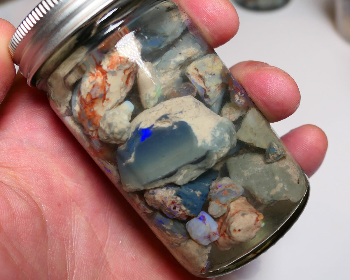 Lightning Ridge Rough Opal Parcel 425cts GAMBLE rough lots colours 25mm to chip size jar2425