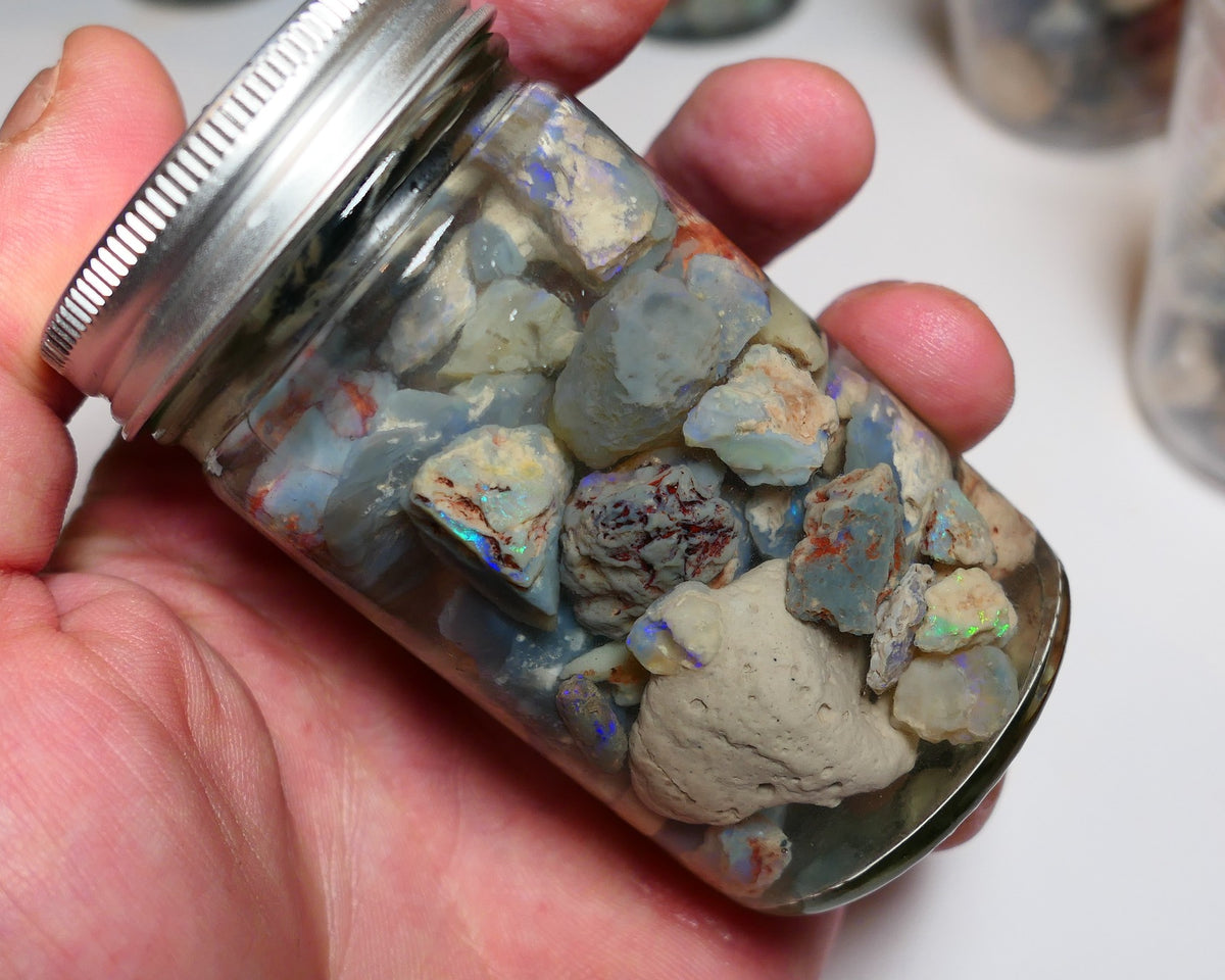 Lightning Ridge Rough Opal Parcel 425cts GAMBLE rough lots colours 25mm to chip size jar2425