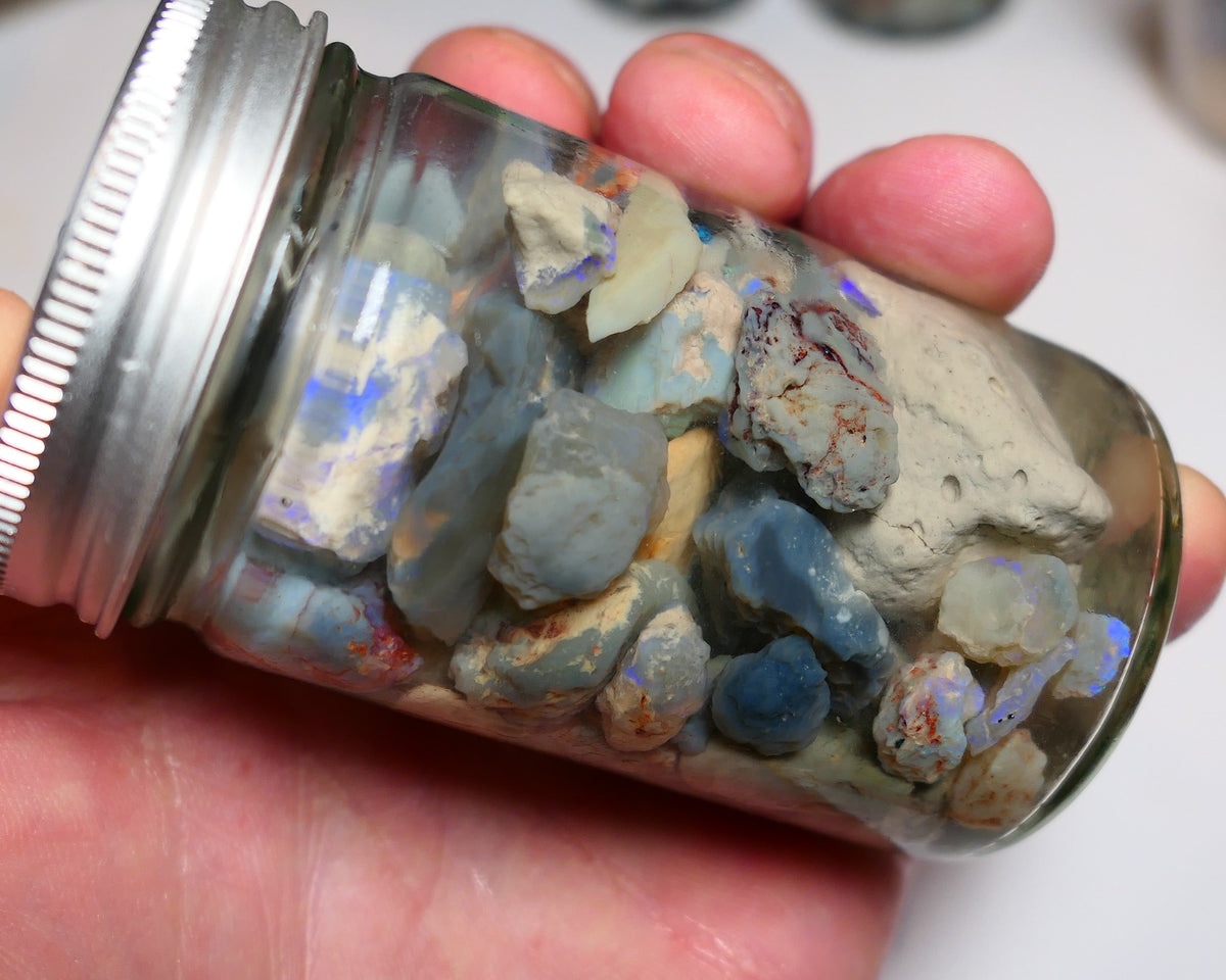 Lightning Ridge Rough Opal Parcel 425cts GAMBLE rough lots colours 25mm to chip size jar2425