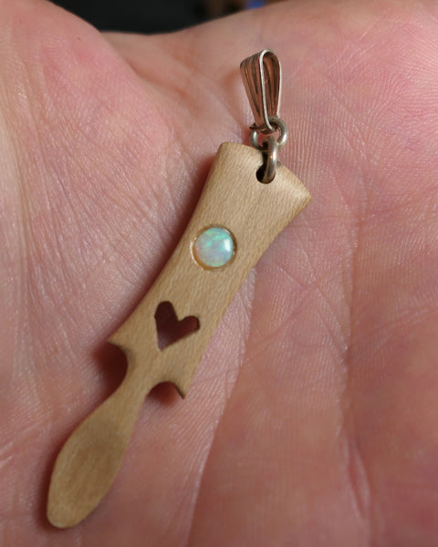 Hand Carved Mini Hardwood Welsh Love spoon Pendant set with Australian opal Trimmed with sterling silver bail 50x12x4mm XMASb28