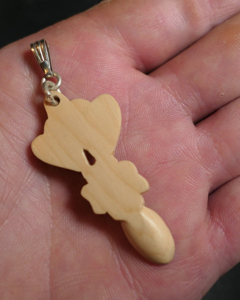 Hand Carved Mini Hardwood Welsh Love spoon Pendant set with Australian opal Trimmed with sterling silver bail 50x24x4mm XMASb30