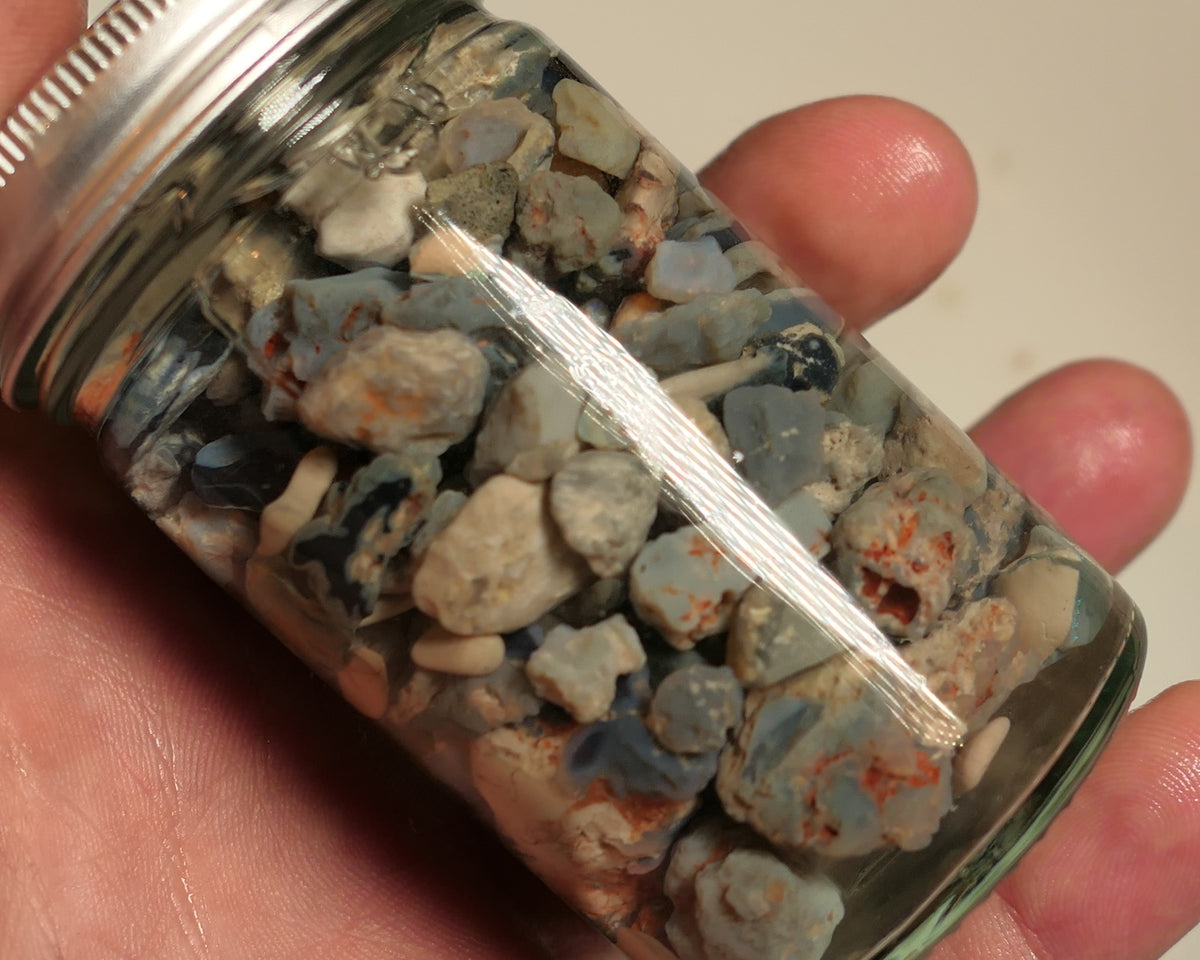 Lightning Ridge Rough Opal Parcel 400cts potch mixed knobby fossil seam (shown in jar) 22mm to chip size JanB13