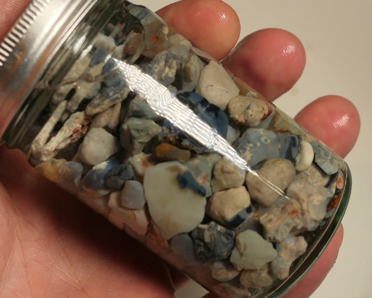 Lightning Ridge Rough Opal Parcel 400cts potch mixed knobby fossil seam (shown in jar) 22mm to chip size JanB14