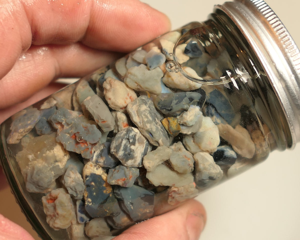 Lightning Ridge Rough Opal Parcel 400cts potch mixed knobby fossil seam (shown in jar) 22mm to chip size JanB13