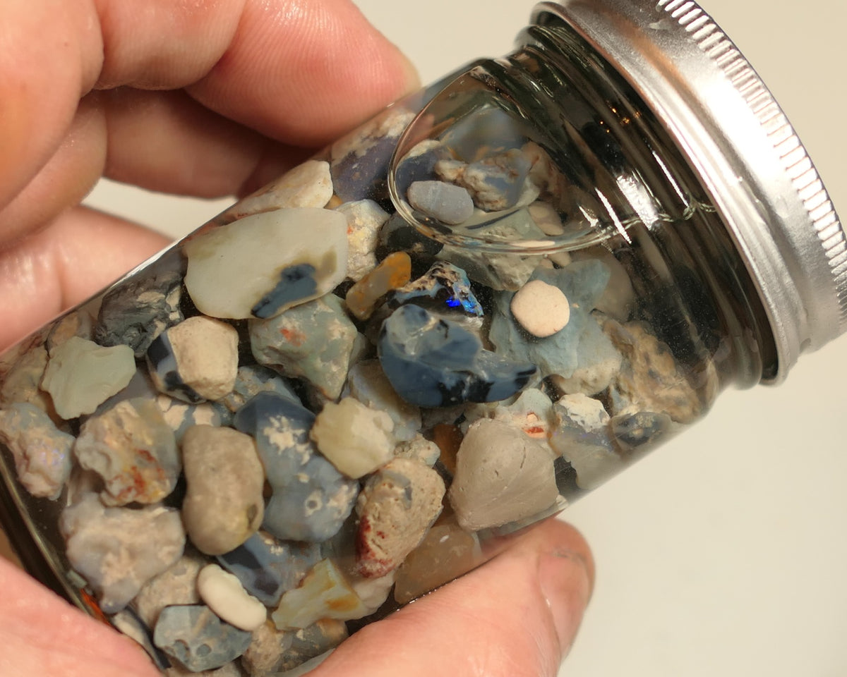 Lightning Ridge Rough Opal Parcel 400cts potch mixed knobby fossil seam (shown in jar) 22mm to chip size JanB14