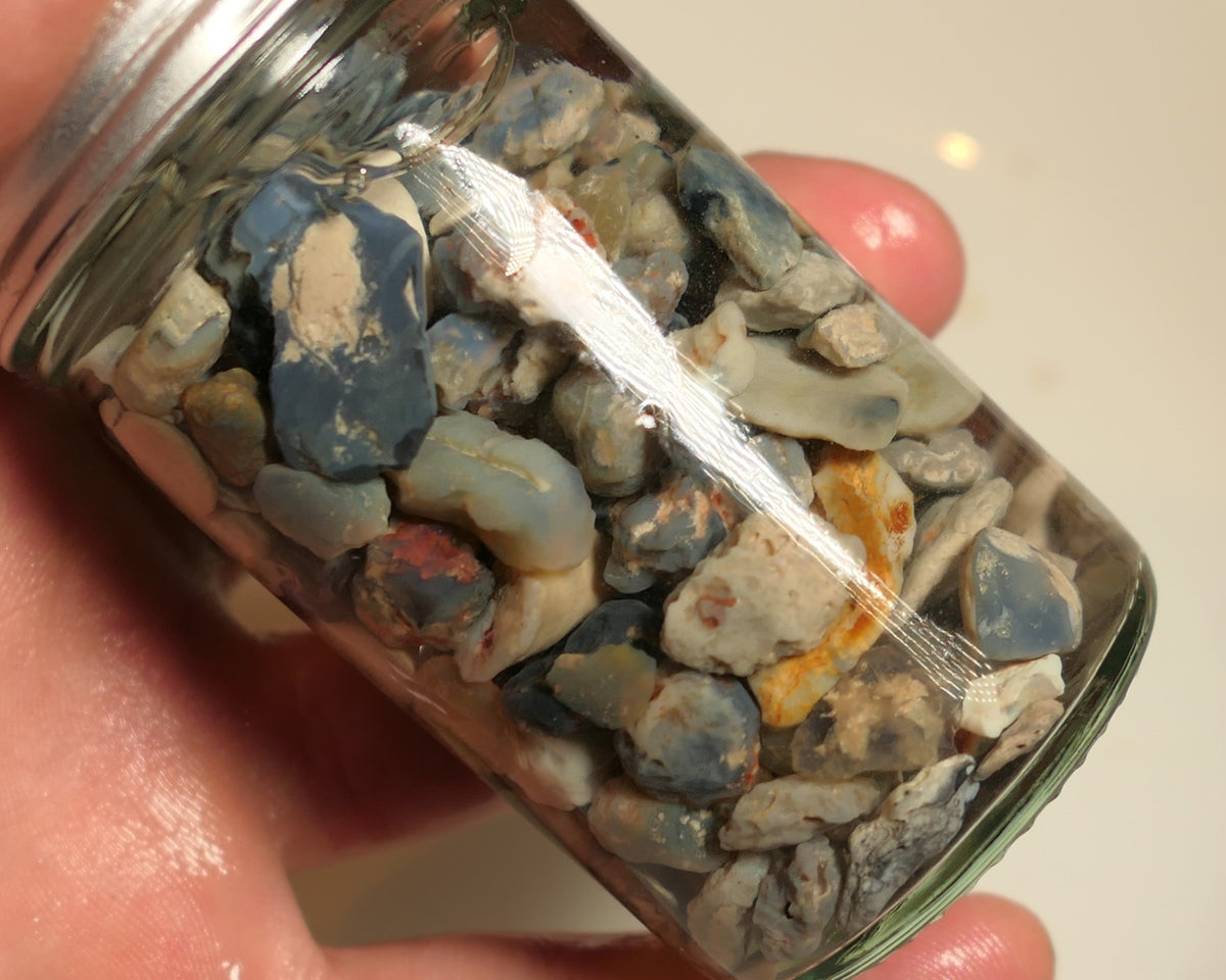 Lightning Ridge Rough Opal Parcel 400cts potch mixed knobby fossil seam (shown in jar) 22mm to chip size JanB14