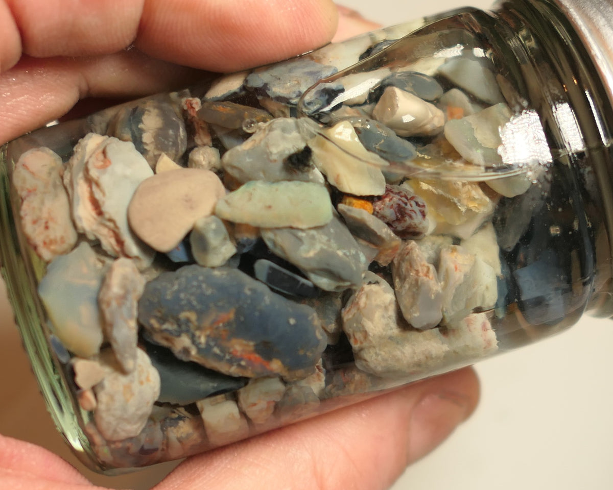 Lightning Ridge Rough Opal Parcel 400cts potch mixed knobby fossil seam (shown in jar) 22mm to chip size JanB15