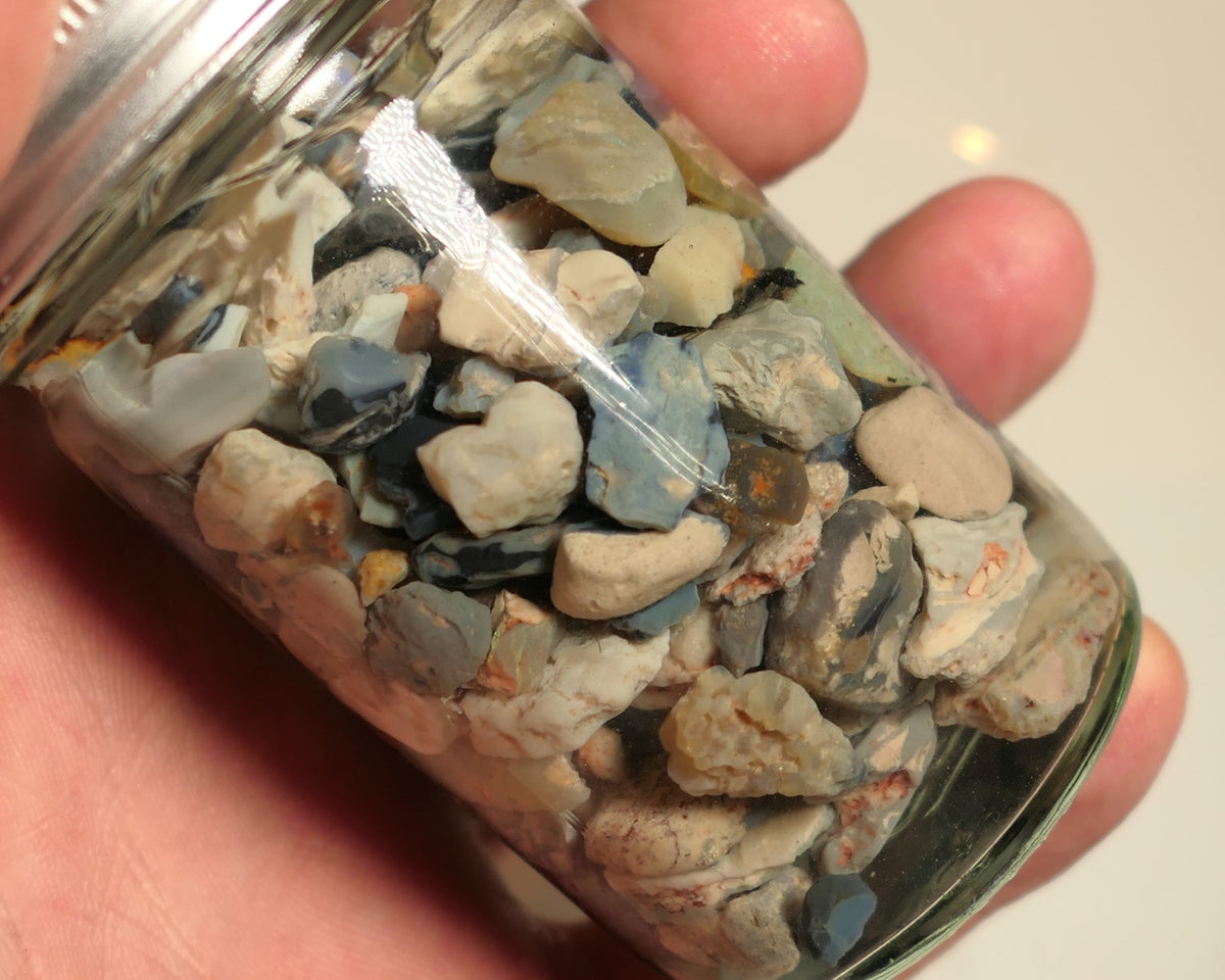 Lightning Ridge Rough Opal Parcel 400cts potch mixed knobby fossil seam (shown in jar) 22mm to chip size JanB15