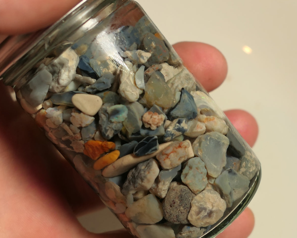 Lightning Ridge Rough Opal Parcel 400cts potch mixed knobby fossil seam (shown in jar) 22mm to chip size JanB22