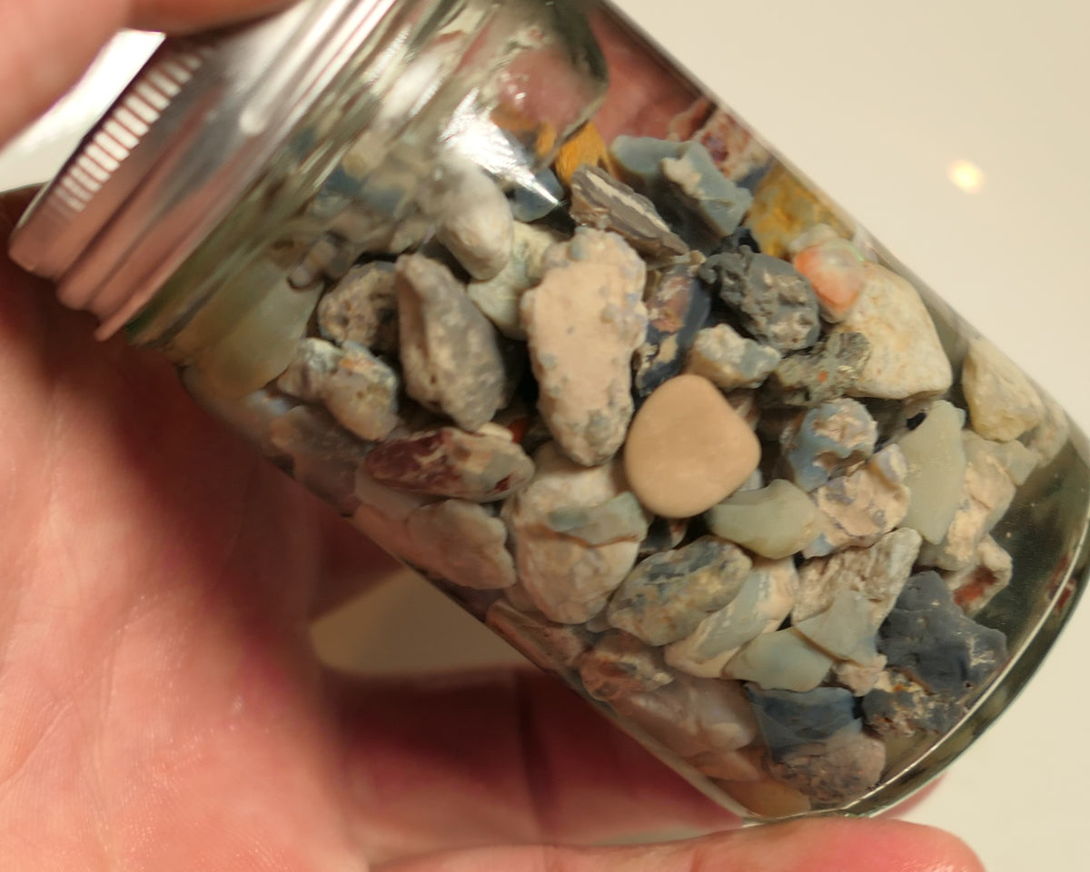 Lightning Ridge Rough Opal Parcel 400cts potch mixed knobby fossil seam (shown in jar) 22mm to chip size JanB24