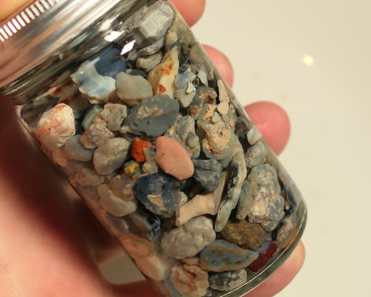 Lightning Ridge Rough Opal Parcel 400cts potch mixed knobby fossil seam (shown in jar) 22mm to chip size JanB22