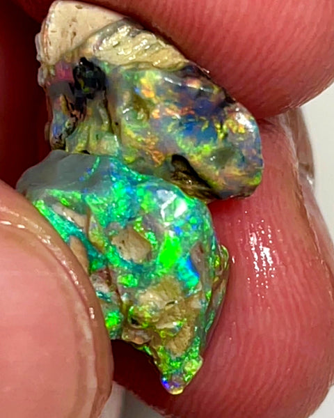 Lightning Ridge Rough Opal 8.75cts Dark Crystal Fossil Formations showing nice Reds &  Bright Multicolours 14x12x4 & 13x10x6 mm WAE54