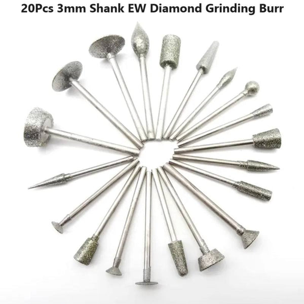 20 piece set Carving burrs Diamond Weld Grinding Various Head shapes and sizes all are 3mm Shanked fit Dremel & other Multitools with 3mm fittings