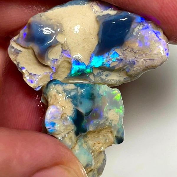 Lightning Ridge 28cts Nice pair of Dark base Crystal Opal formations rough to cut/carve Gorgeous Bright Multicolours 27x18x7 & 18x15x8mm WAE63