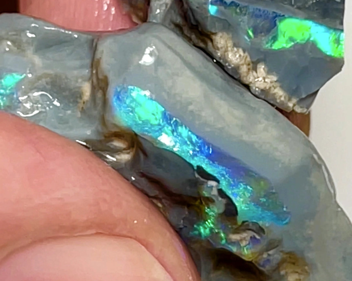 Lightning Ridge Rough Opal 21cts Pair Handpicked Dark Base Seams lots of Nice Bright Multi colour fires to Cut / carve & polish 25x15x7mm & 14x8x7mm 1003