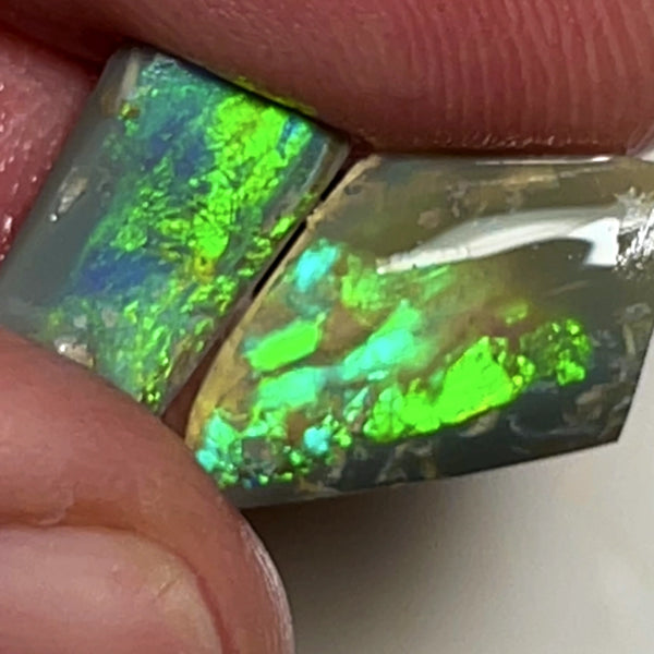 Australian Opal Rubs rough Pair 3.25cts Green dominant Bright Vivid Multifires to faces 12x9xx1 & 12x7x2MMs WAE67