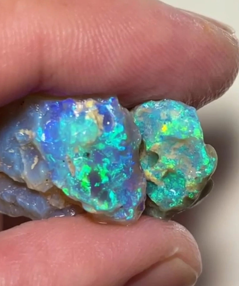 Coocoran Dark Crystal Knobby opal rough pair to cut 23.95cts Gorgeous Bright Green/blue dominant fires to cut 23x16x7mm & 18x14x8mm NEW954