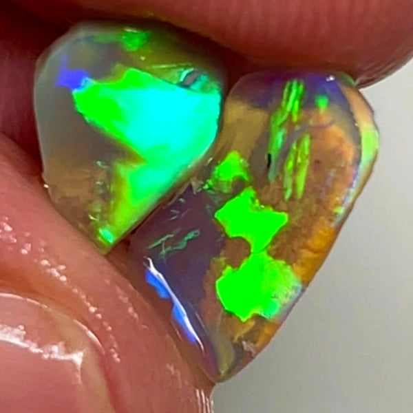 Lightning Ridge Opal Dark Crystal Base Seam pair Rough Rub 2.6cts Super Vibrant & Bright Green Dominant Multifires  13x7x2 & 9x7x4 mm WAE52