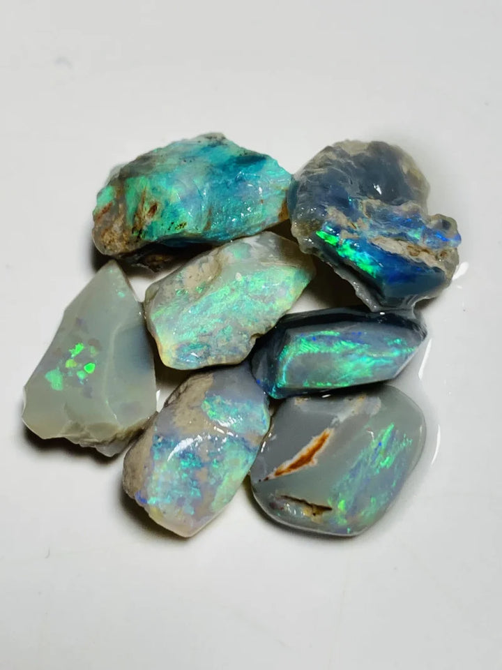 Lightning Ridge Opal Rubs n rough Parcel Dark bases from the Miners Bench® 31cts Stunning Bright Multifires to faces 15x8x6mm to 12x8x5mm WSY57