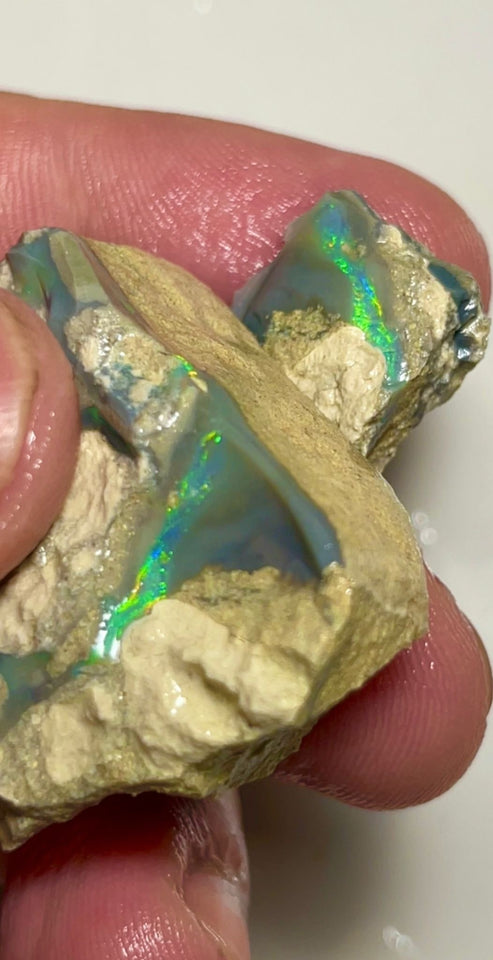 Bling Huge Grawin Dark base Multicolour Seam opal formation split pair 120.00cts Exotic Bright Vibrant Green dominant M.fires Sand/clay host rock Own a piece of Grawin 35x30x17 & 25x17x9 mm NSW040