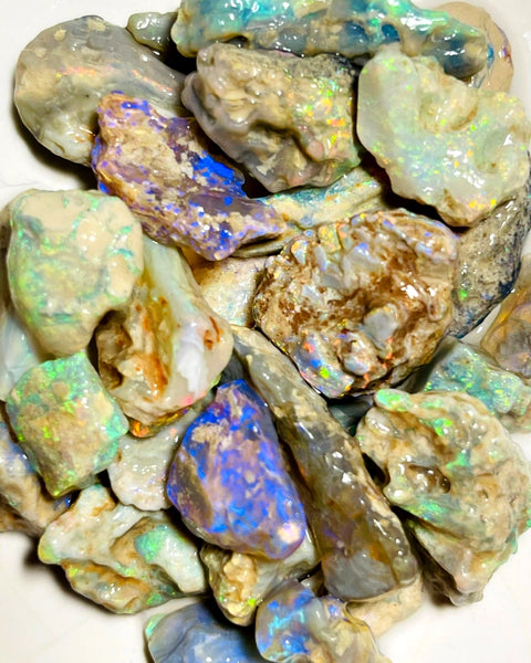 Lightning Ridge Rough  Dark & Crystal Knobby Seams Opal Parcel 120cts Lots of Potential & Cutters Bright Multicolours 24x8x5mm to 10x9x3mm WAC23