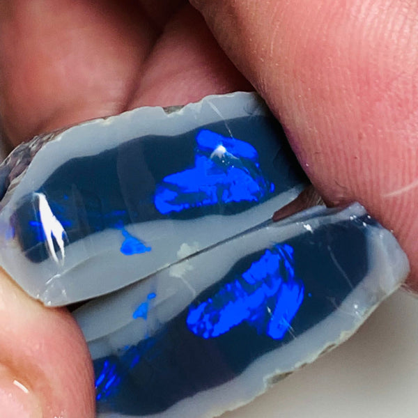 Lightning Ridge Rough Opal N2 Black Knobby Split pair 35cts High Grade Stunning Royal Blue fires in bars 25x16x10mm & 22x10x9mm WSS88