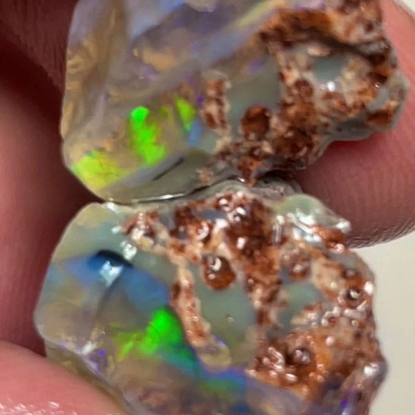 Crystal opal formation split 24.50cts L/Ridge Green dominant fires 18x15x10 & 18x14x9 mm NSW052