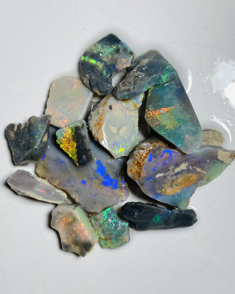 Lightning Ridge Opal Rub n rough Parcel Black & Semi Black  parcel from the Miners Bench® 64cts Stunning Bright Multifires to faces 27x22x3mm to 10x8x4mm WST85