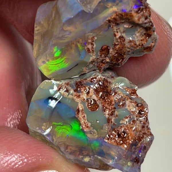 Crystal opal formation split 24.50cts L/Ridge Green dominant fires 18x15x10 & 18x14x9 mm NSW052