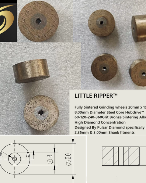 New for 2025 PULSAR DIAMOND® Fully Sintered Grinding wheels 20mm x 10mm 60-120-240-360Grit Bronze High Diamond Concentration Designed for opal LITTLE RIPPER™ Hubdrive™ M3 Screw on Grinding/Burr wheels Lapidary rotary tools carving 2.35mm or 3.00mm shanks