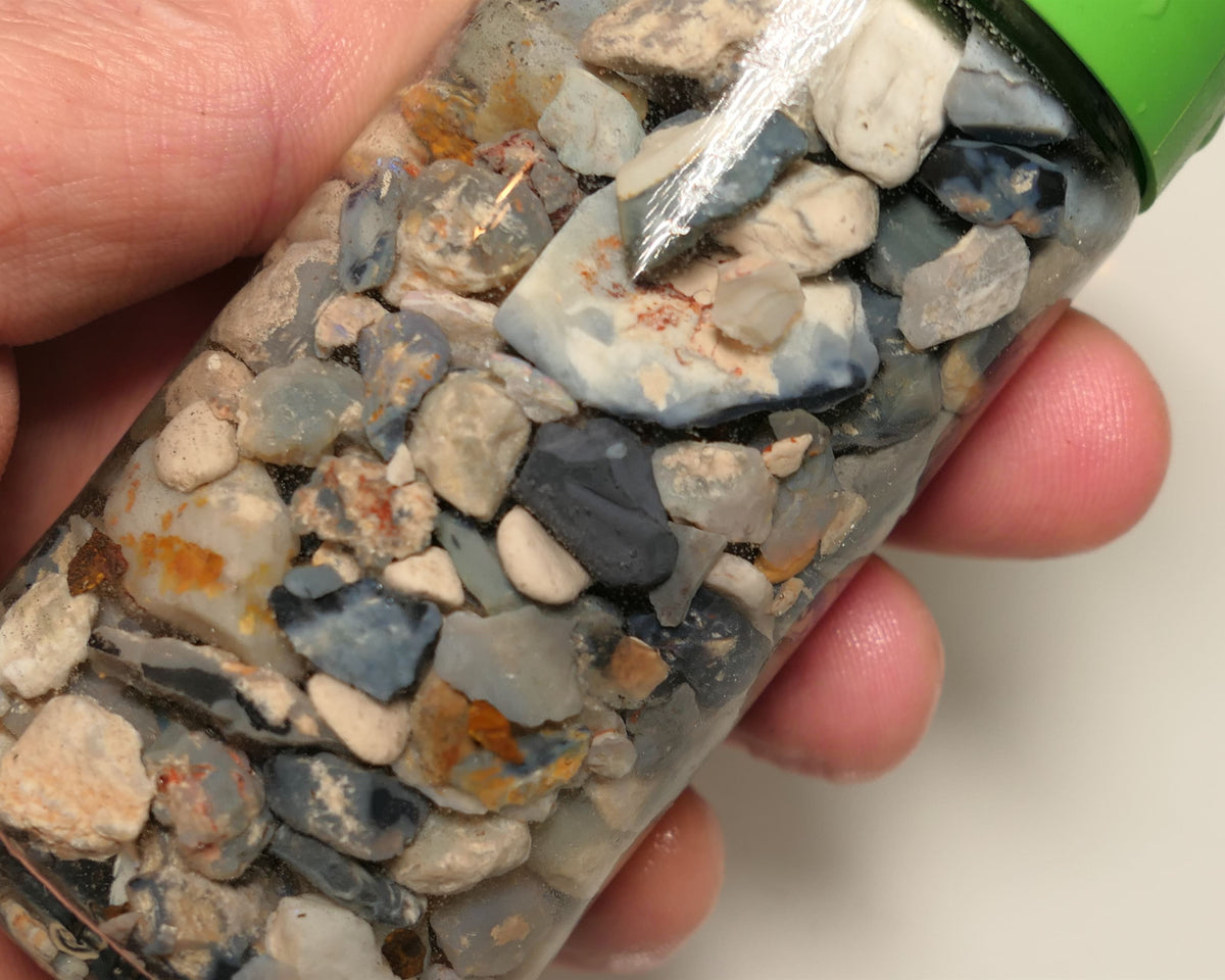 Lightning Ridge Rough Opal Parcel 400cts potch mixed knobby fossil seam (shown in jar) 20mm to chip size  36APR