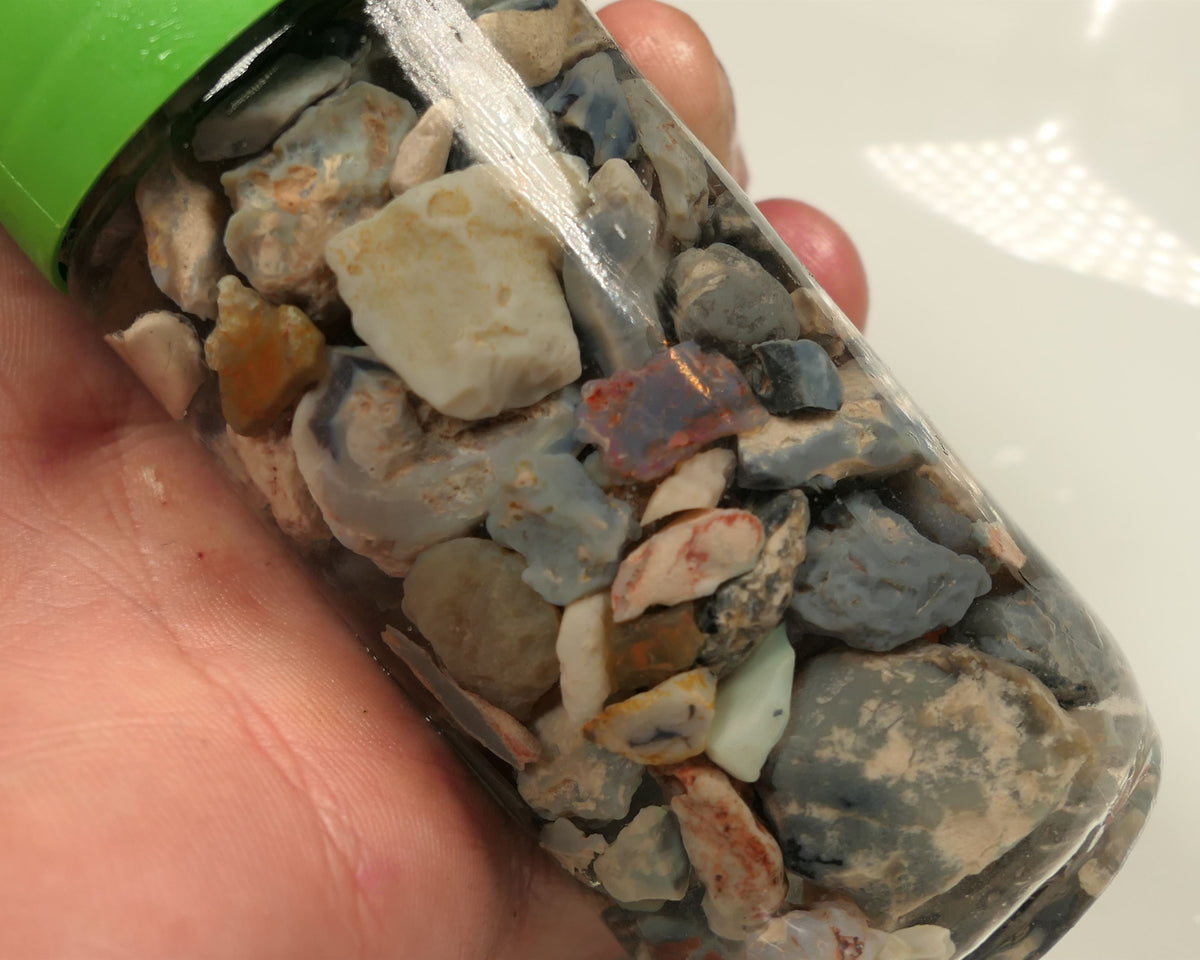 Lightning Ridge Rough Opal Parcel 400cts potch mixed knobby fossil seam (shown in jar) 20mm to chip size  0437