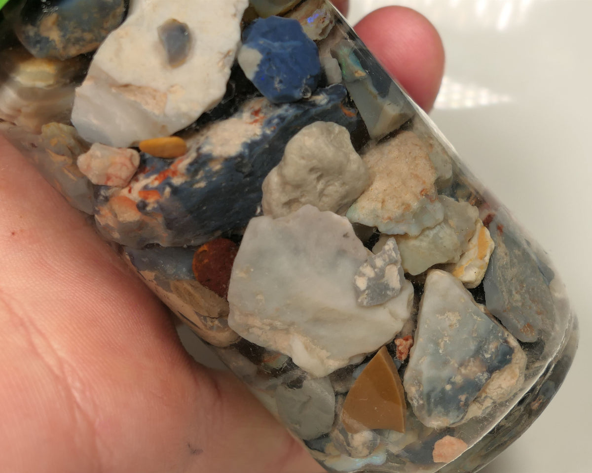 Lightning Ridge Rough Opal Parcel 400cts potch mixed knobby fossil seam (shown in jar) 20mm to chip size  0443