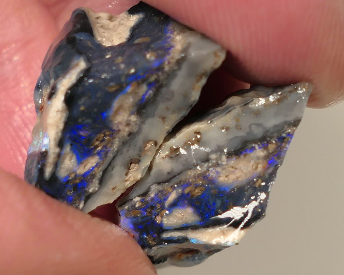 Lightning Ridge Rough Opal 24cts Gamble Black Base Knobby Split Showing Blue bars both 20x10x8mm 0504