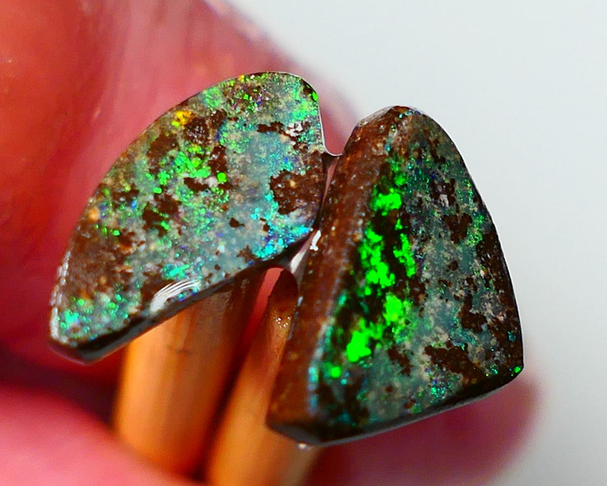 Queensland Boulder Boulder opal 3.3cts rough / Rubs Winton Bright Electric Greens 10x8x2mm & 12x5x2mm 0535