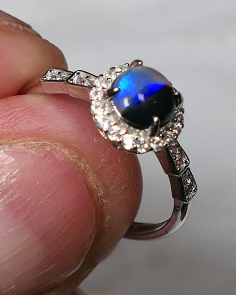 Miners Bench® Stunning Black Crystal Opal 6mm Round 0.6cts in Sterling Silver 925 Adjustable Ring Setting FR131