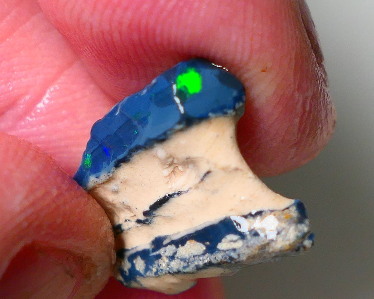 Lightning Ridge Rough Opal 7cts Dark Base Gamble Seam Patches of Bright Green & Blues 18x13x5mm 0667